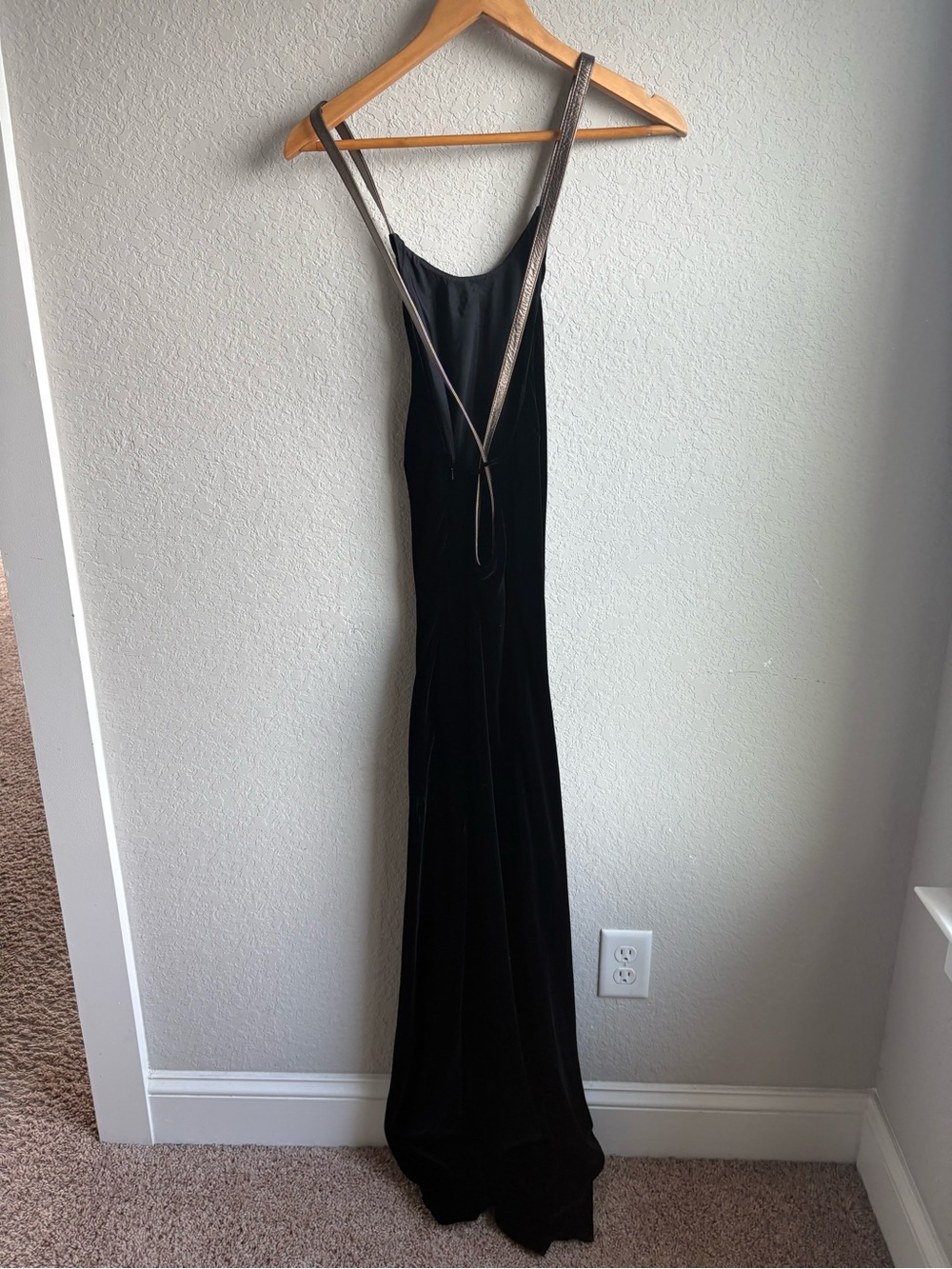 Ralph Lauren Vintage Black Velvet Silk Maxi Slit Gown Metallic Strappy Back 12 - Picture 3 of 5